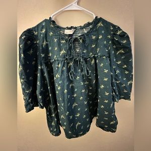 Universal Thread Green Floral Puff Sleeve Top with Bow Detail size XL